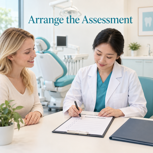 A Chinese dentist reviews diagnostic needs. Educational illustration.