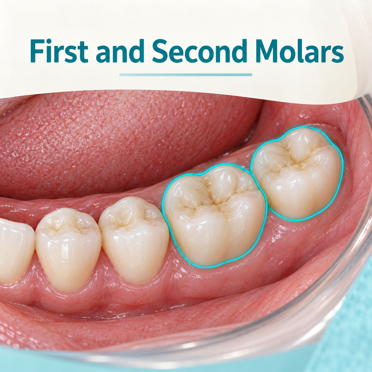 The listing concerns first and second molars. Educational illustration.