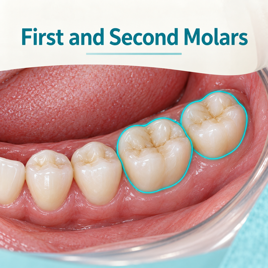 The listing concerns first and second molars. Educational illustration.