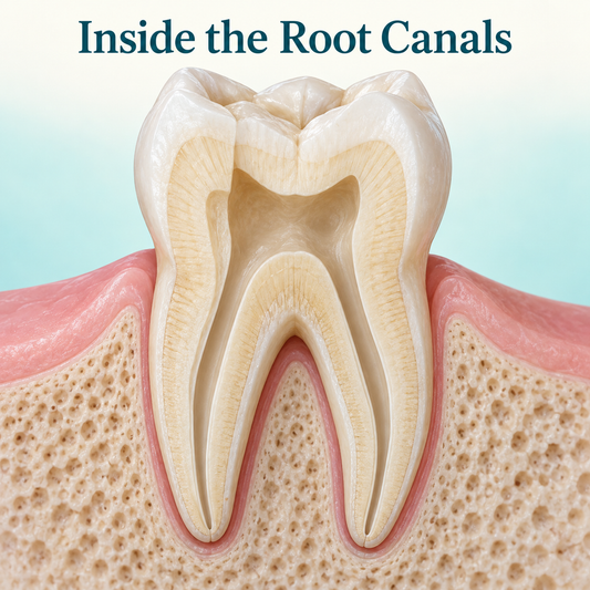 Canal treatment addresses the inside of the tooth. Educational illustration.