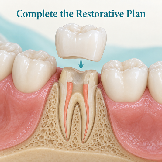 A restoration seals the tooth above treated roots. Educational illustration.