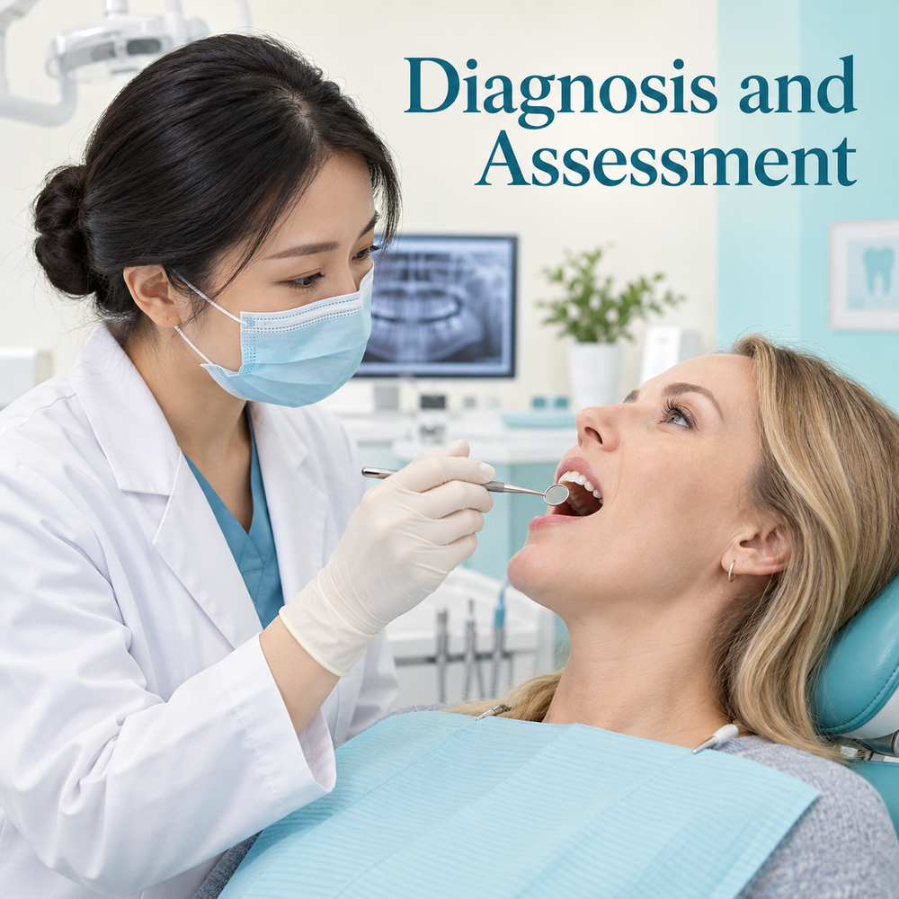 The dentist examines the affected tooth. Educational illustration.