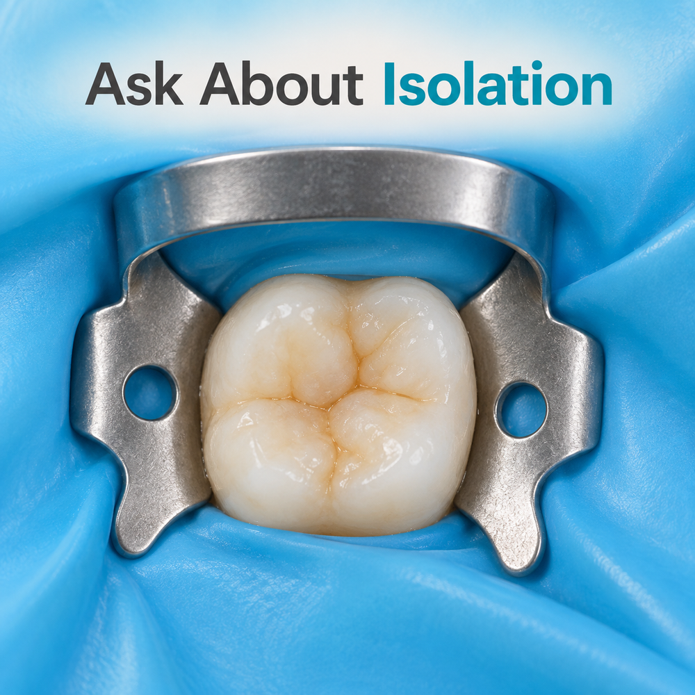 Rubber-dam isolation is a quotation item to clarify. Educational illustration.
