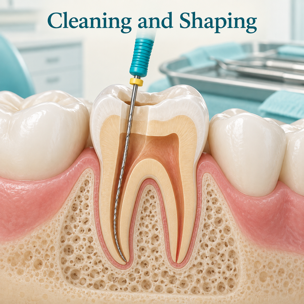 The canals are cleaned and shaped. Educational illustration.