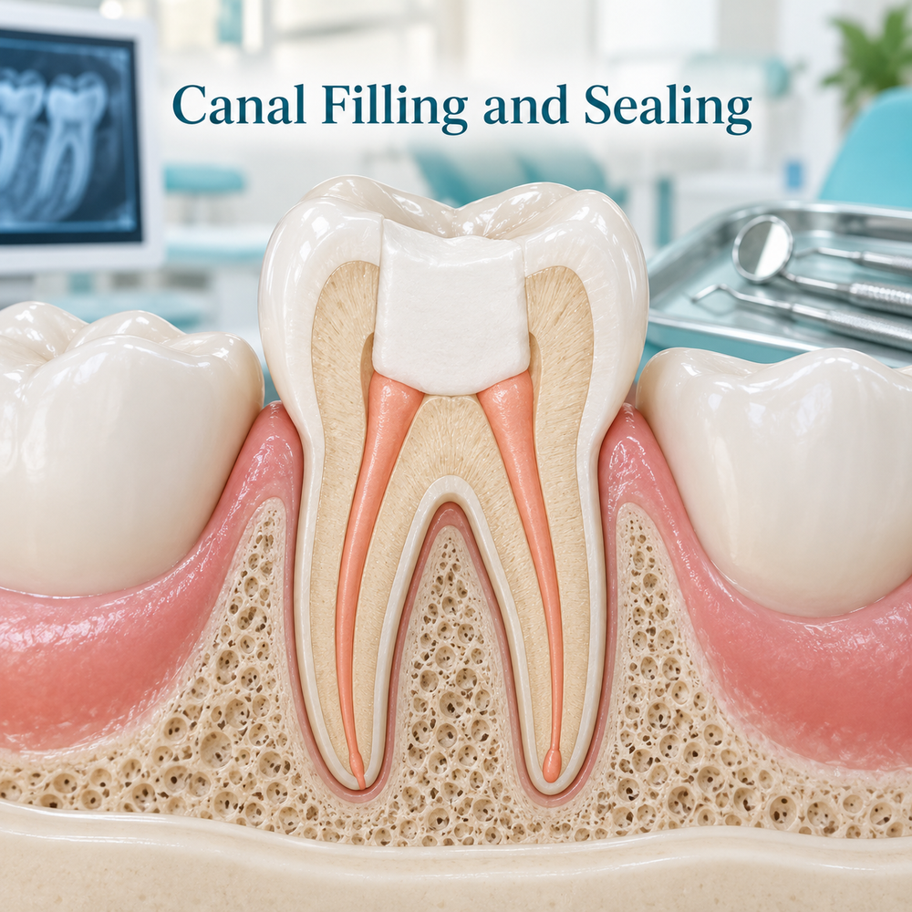 The canals are filled and sealed. Educational illustration.