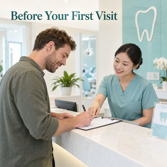 A patient supplies relevant history before care. Educational illustration.