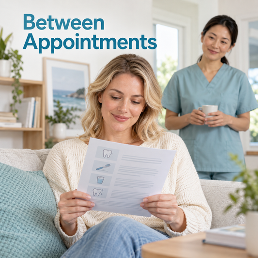 The patient follows instructions between appointments. Educational illustration.