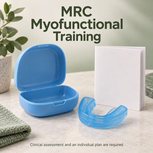 A myofunctional appliance and training plan are discussed as an individual clinical approach. Educational illustration.