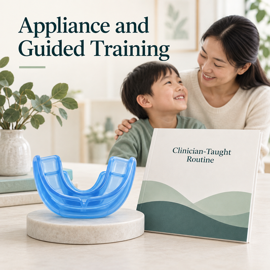 The appliance is paired with clinician-taught training. Educational illustration.