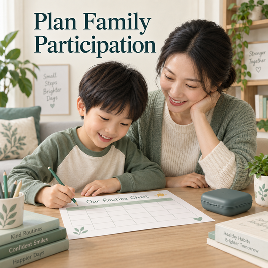 Home participation and follow-up are planned with the family. Educational illustration.