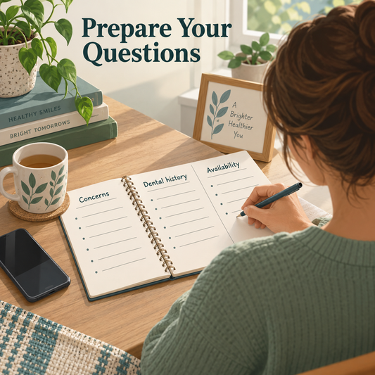 A parent prepares questions and previous treatment information. Educational illustration.