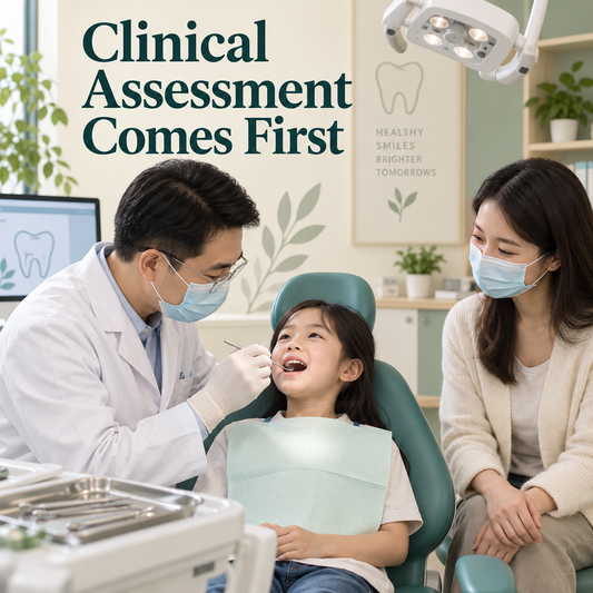 A Chinese clinician assesses the child before selecting an appliance. Educational illustration.