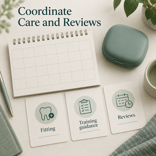 Appointments and home support are coordinated. Educational illustration.
