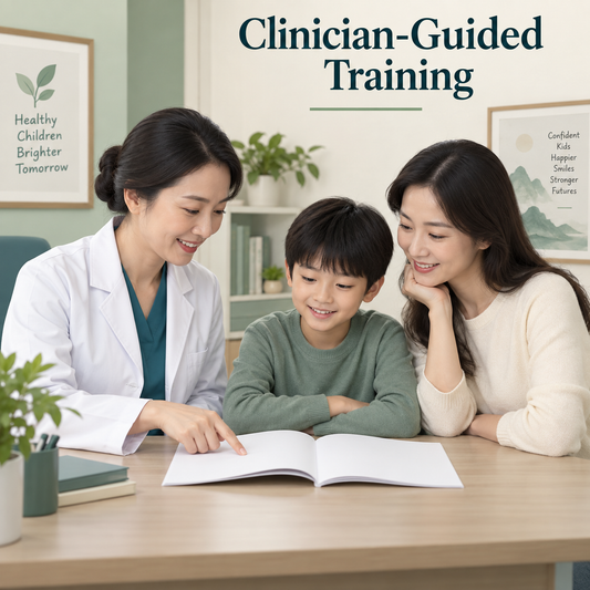 The clinician teaches the individual routine. Educational illustration.