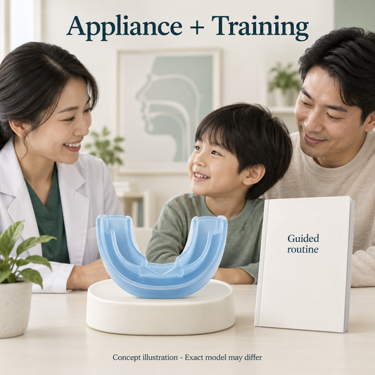 A conceptual myofunctional appliance accompanies a guided routine. Educational illustration.