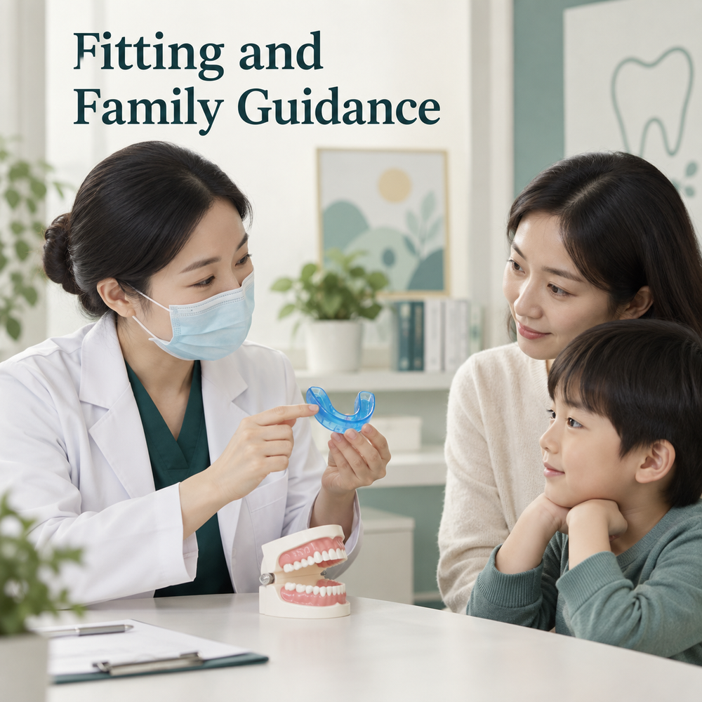 A clinician explains appliance fitting and care to parent and child. Educational illustration.