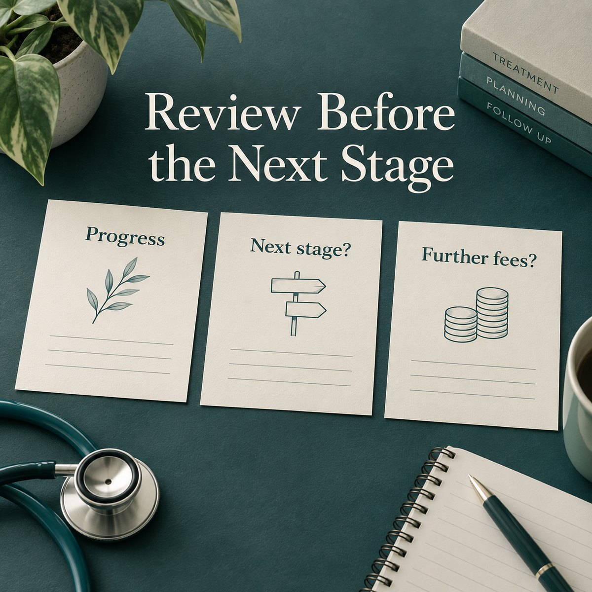 Stages and progress are reviewed with the clinician. Educational illustration.