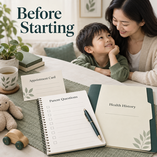 The family prepares history, goals and questions before starting. Educational illustration.