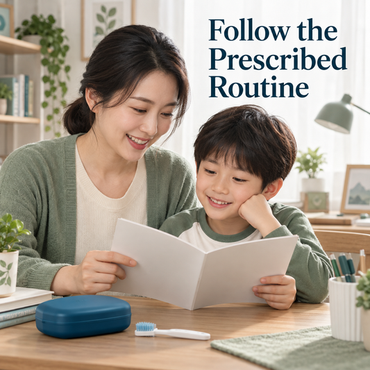 The child follows the prescribed routine with adult support. Educational illustration.