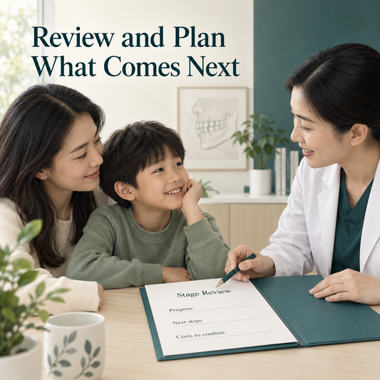 A stage review determines the next steps. Educational illustration.