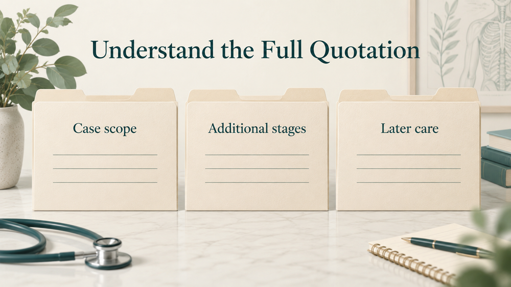 The quotation separates case scope from additional stages or later care. Educational illustration.