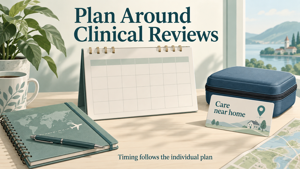 The clinical schedule guides family routines and travel. Educational illustration.