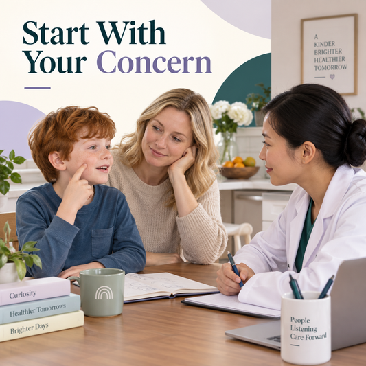 A parent describes a child’s habits and dental concerns. Educational illustration.