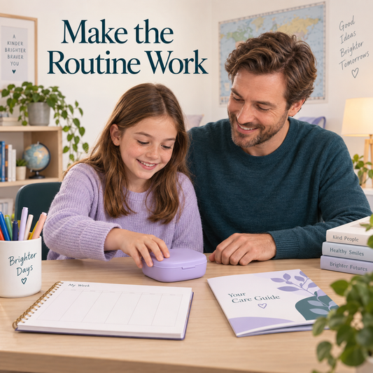 A foreign child and parent organise a prescribed home routine. Educational illustration.