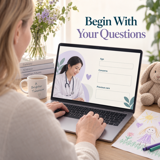A parent prepares an inquiry about age, concerns and previous care. Educational illustration.