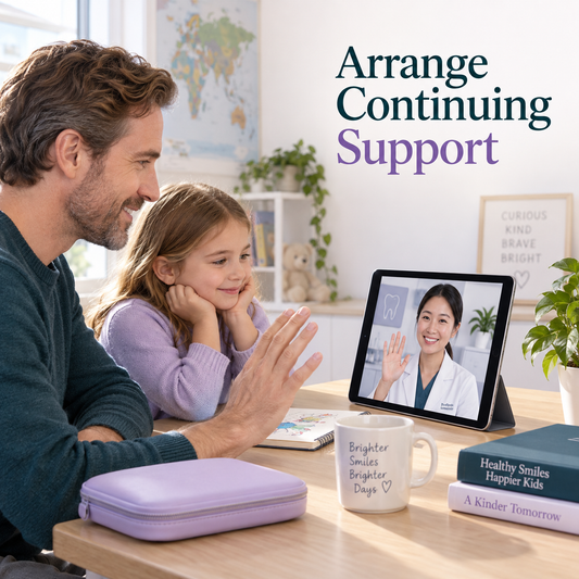 Care near home and support between visits are planned. Educational illustration.