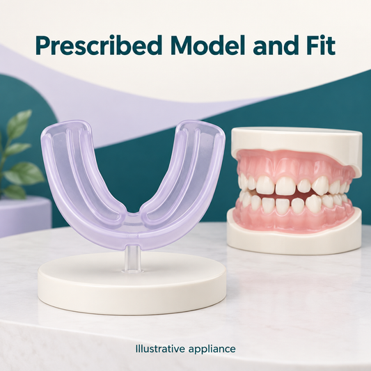 The clinician selects a suitable appliance and fit. Educational illustration.