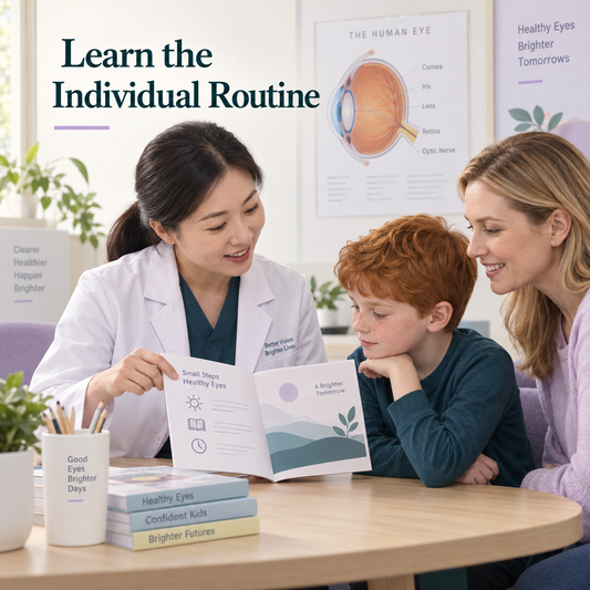 A Chinese clinician teaches the individual routine to a foreign child and parent. Educational illustration.