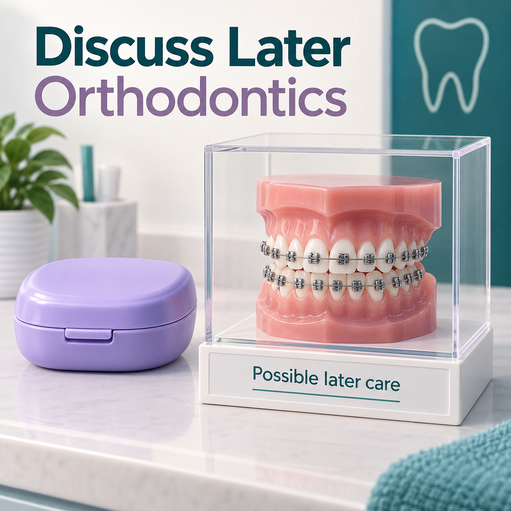 Later orthodontic care is a separate decision. Educational illustration.