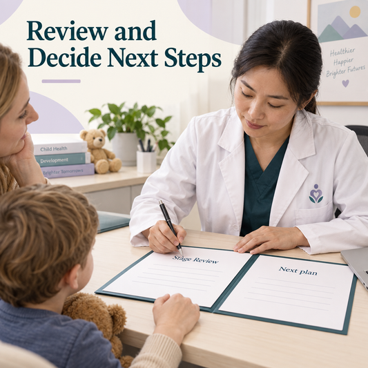 The clinician records the stage review and next plan. Educational illustration.
