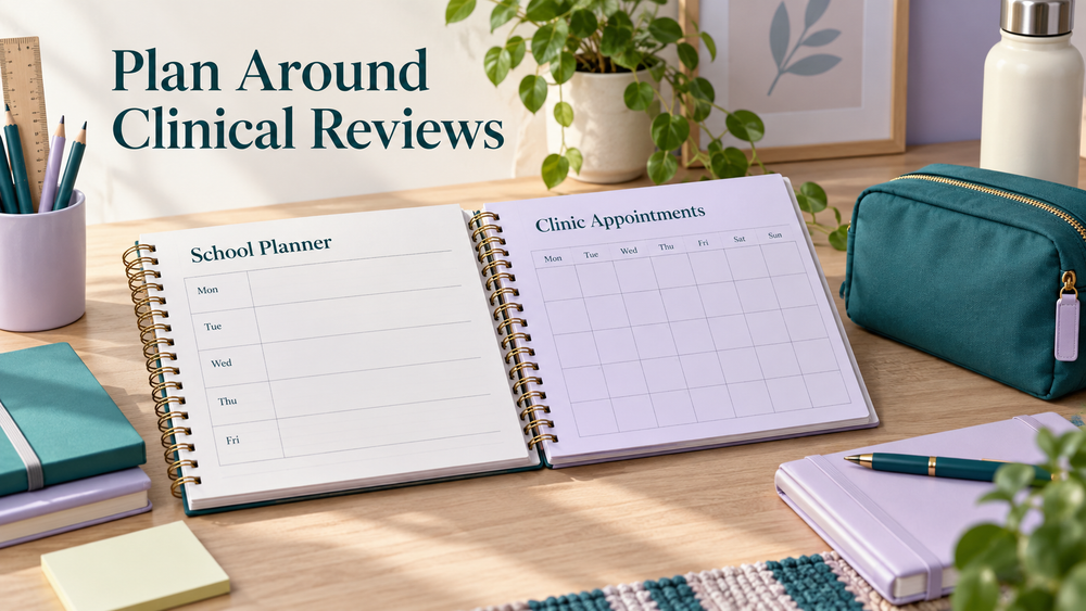 Family and travel arrangements follow the individual review schedule. Educational illustration.