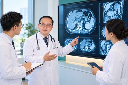 AI-generated illustration of Professor Hui Wang discussing research with Chinese colleagues; not a photograph of an actual research team.