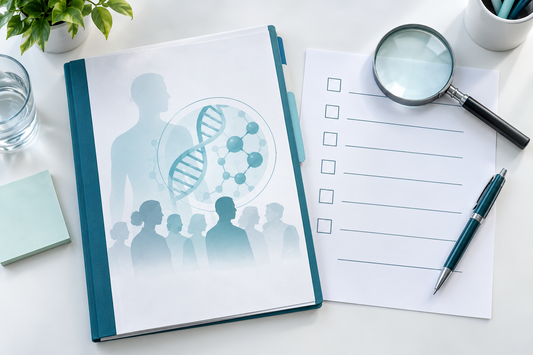 AI-generated educational illustration of a research folder, blank checklist and magnifying glass representing questions to clarify before research participation.