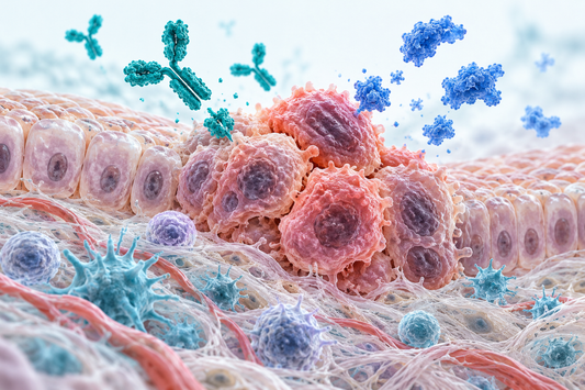 AI-generated conceptual illustration of tumour cells and surrounding tissue for oncology research.