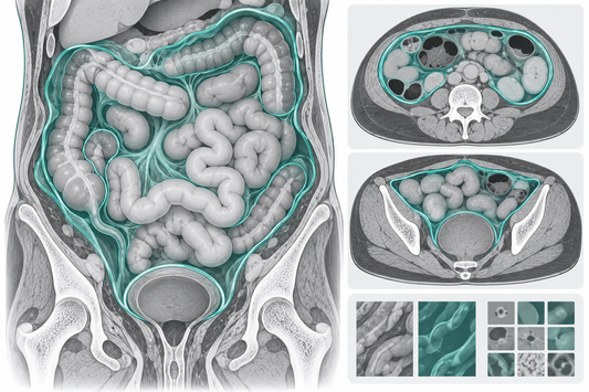 AI-generated conceptual abdominal and pelvic imaging illustration highlighting the peritoneal region for imaging research; not an actual scan or diagnostic result.