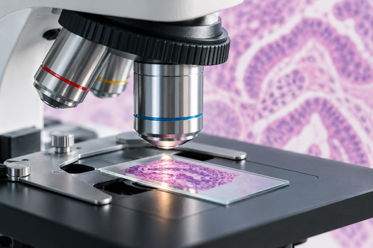 AI-generated educational illustration of a microscope examining a tissue slide for pathology research.