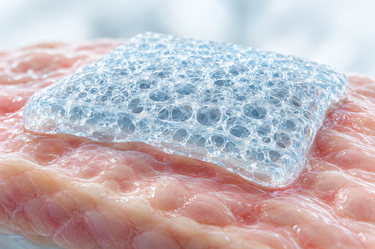 AI-generated conceptual illustration of a porous biomaterial on tissue for biomaterials research.
