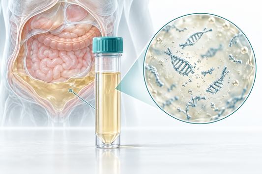 AI-generated educational illustration of a peritoneal-fluid sample and conceptual cell-free DNA fragments; not a blood test or an actual study specimen.