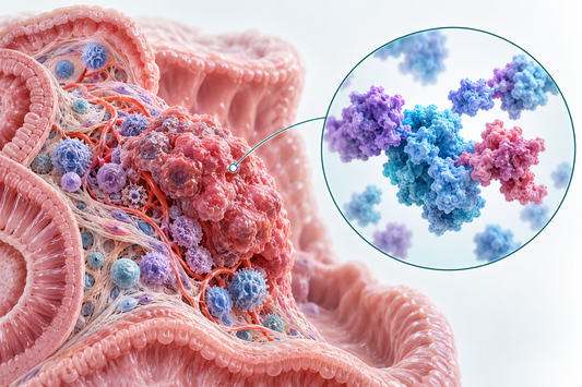 AI-generated conceptual illustration of colorectal tumour tissue and molecular biology.