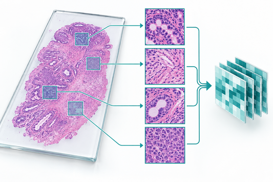 AI-generated educational illustration: Conceptual tissue image features and an analytical matrix for pathomics research.