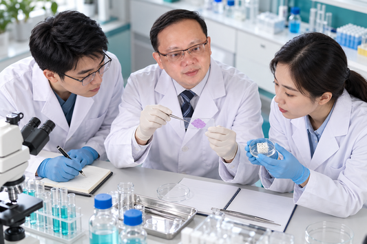 AI-generated simulated research discussion with Professor Hui Wang and Chinese colleagues examining tissue and a material sample.