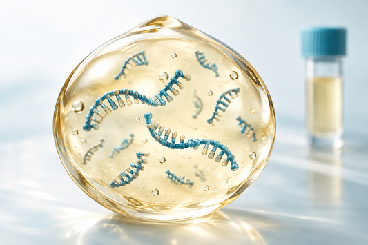 AI-generated educational illustration: Conceptual cell-free DNA fragments in pale peritoneal fluid.