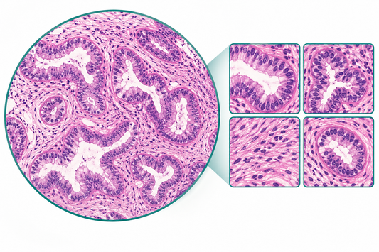 AI-generated educational illustration: Conceptual tissue pattern and extracted histology features.