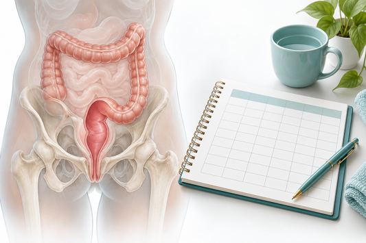AI-generated educational illustration: Conceptual bowel anatomy and a daily-function diary.