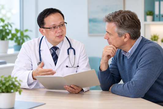 AI-generated educational illustration: Professor Hui Wang discussing questions with an illustrative Western patient.