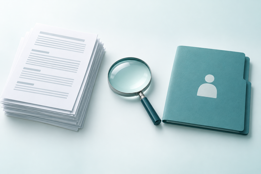 AI-generated illustration separating published research papers from an individual assessment folder.